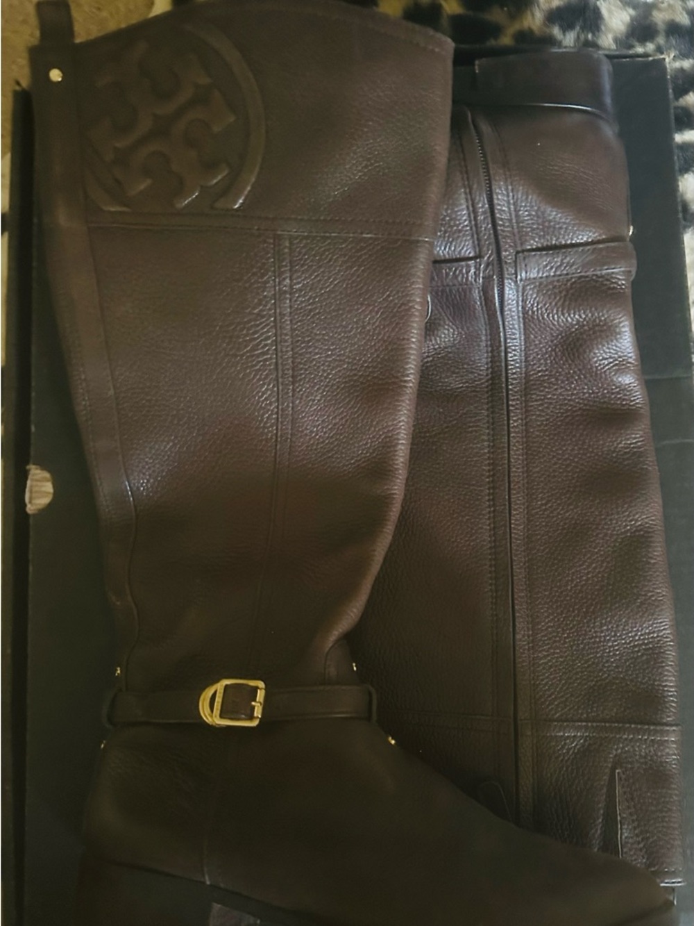 Coach Tory Burch  Dark Brown Leather Boots with Gold Buckle Detail